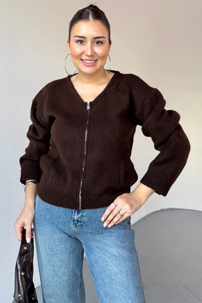 TRK-5314 Kahverengi Şardonlu Fermuarlı Triko Hırka - 5