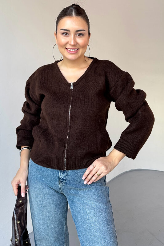 TRK-5314 Kahverengi Şardonlu Fermuarlı Triko Hırka - 5