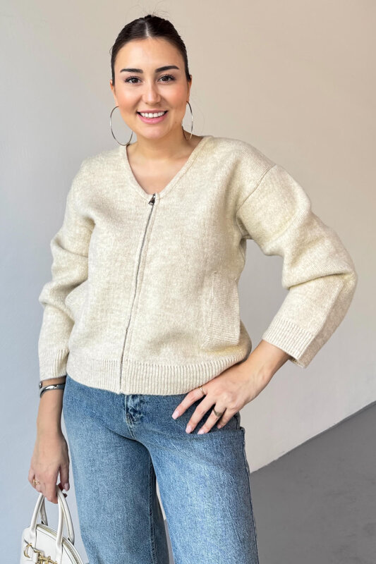 TRK-5314 Krem Şardonlu Fermuarlı Triko Hırka - 1