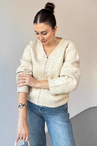 TRK-5314 Krem Şardonlu Fermuarlı Triko Hırka (1)