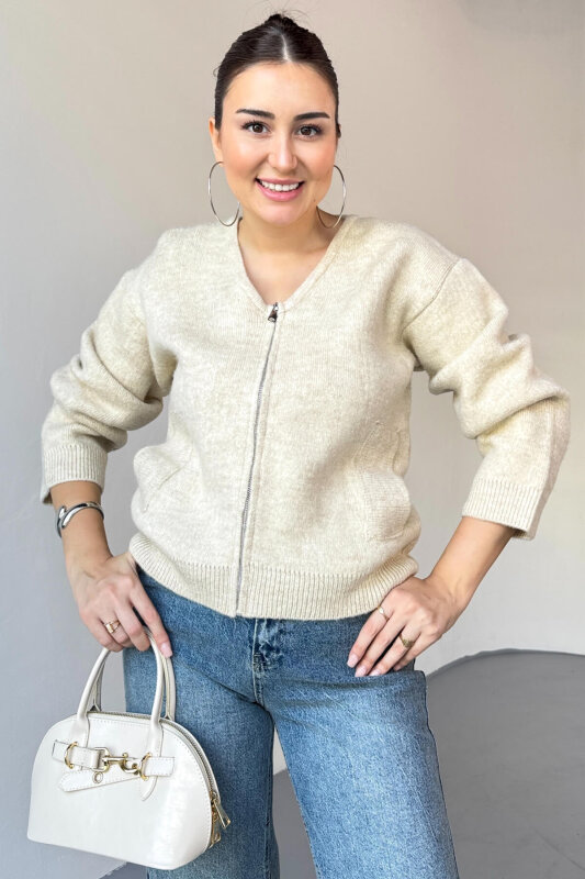 TRK-5314 Krem Şardonlu Fermuarlı Triko Hırka - 3