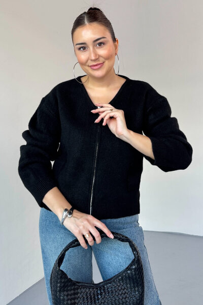 TRK-5314 Siyah Şardonlu Fermuarlı Triko Hırka