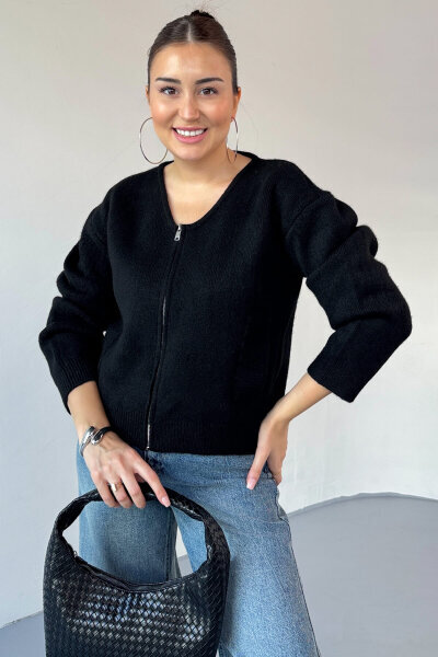 TRK-5314 Siyah Şardonlu Fermuarlı Triko Hırka (1)