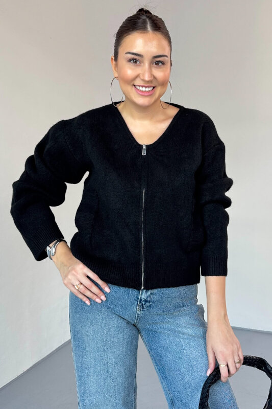 TRK-5314 Siyah Şardonlu Fermuarlı Triko Hırka - 3