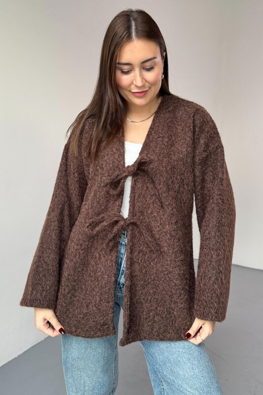 TRK-5316 Kahverengi Sakallı Kırçıllı Bağlama Detaylı Oversize Hırka  - 2