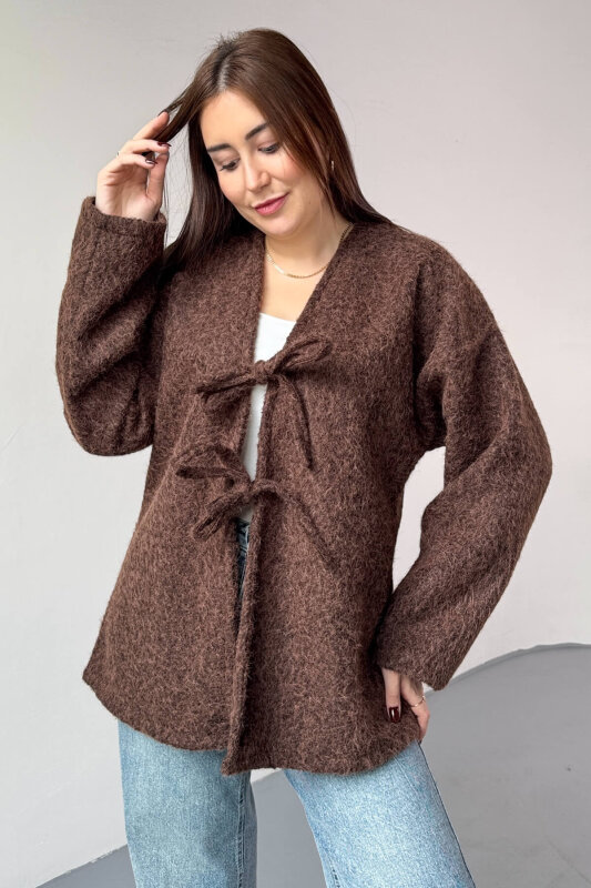 TRK-5316 Kahverengi Sakallı Kırçıllı Bağlama Detaylı Oversize Hırka  - 5