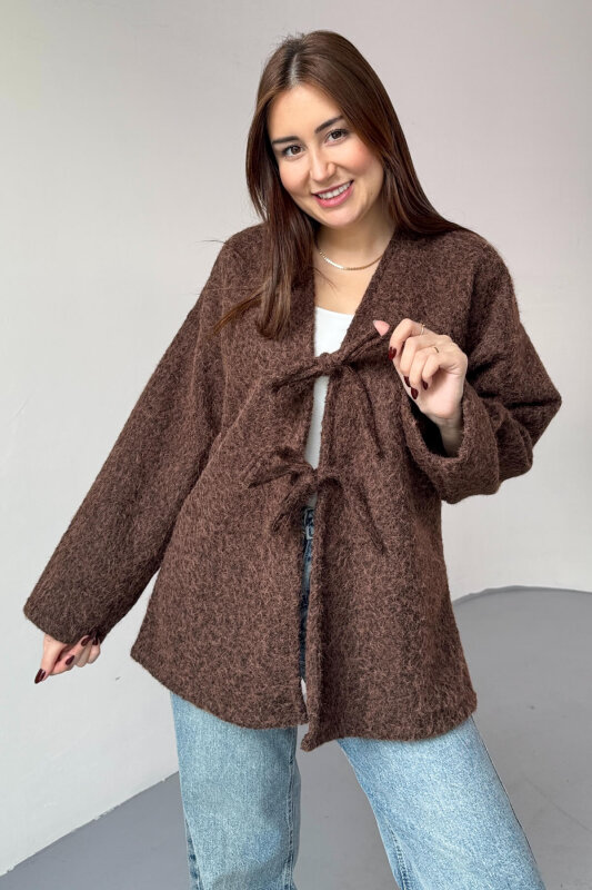TRK-5316 Kahverengi Sakallı Kırçıllı Bağlama Detaylı Oversize Hırka  - 6