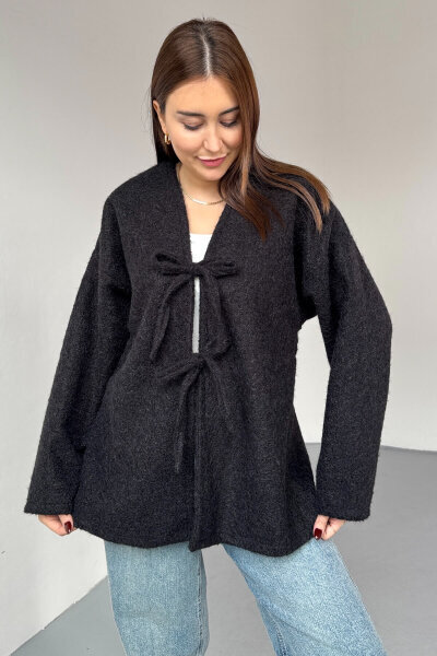 TRK-5316 Siyah Sakallı Kırçıllı Bağlama Detaylı Oversize Hırka - 1