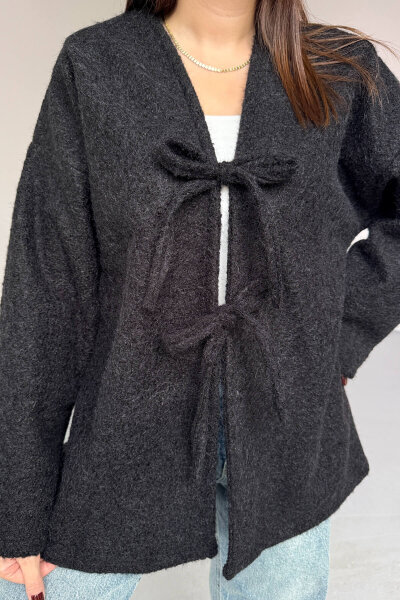 TRK-5316 Siyah Sakallı Kırçıllı Bağlama Detaylı Oversize Hırka - 2