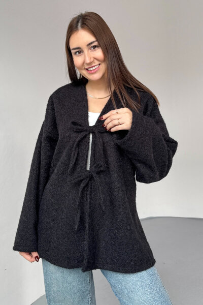 TRK-5316 Siyah Sakallı Kırçıllı Bağlama Detaylı Oversize Hırka - 5