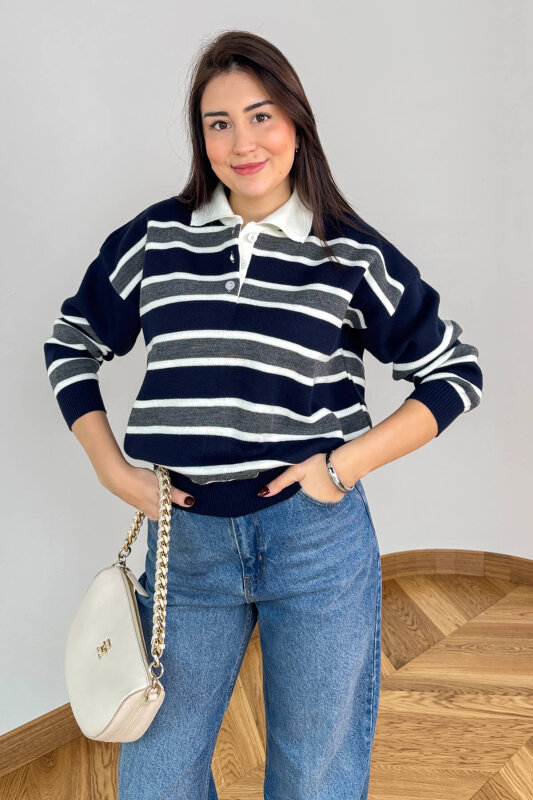 TRK-5317 Füme Polo Yaka Düğmeli Çizgili Kazak - 2