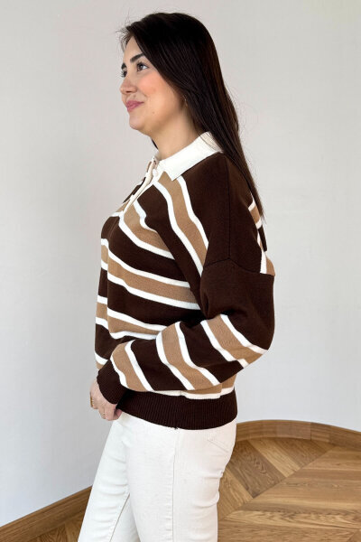 TRK-5317 Kahverengi Polo Yaka Düğmeli Çizgili Kazak - 4