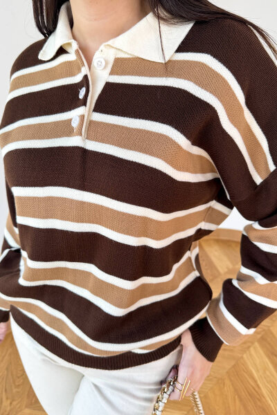 TRK-5317 Kahverengi Polo Yaka Düğmeli Çizgili Kazak - 3