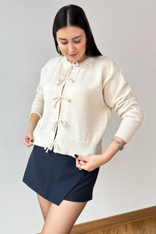 TRK-5318 Ekru Önden Bağlamalı Salaş Triko Hırka - 3