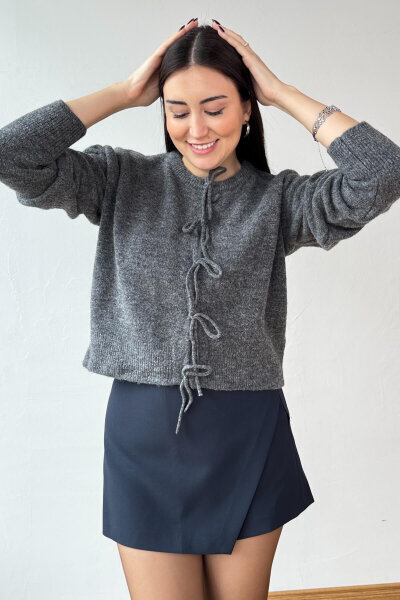 TRK-5318 Füme Önden Bağlamalı Salaş Triko Hırka  - 1