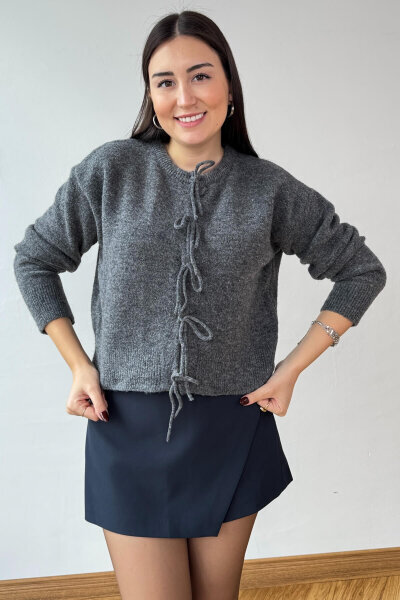 TRK-5318 Füme Önden Bağlamalı Salaş Triko Hırka  - 2