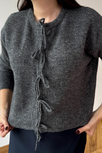 TRK-5318 Füme Önden Bağlamalı Salaş Triko Hırka  - 3