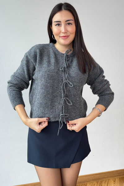 TRK-5318 Füme Önden Bağlamalı Salaş Triko Hırka  - 4