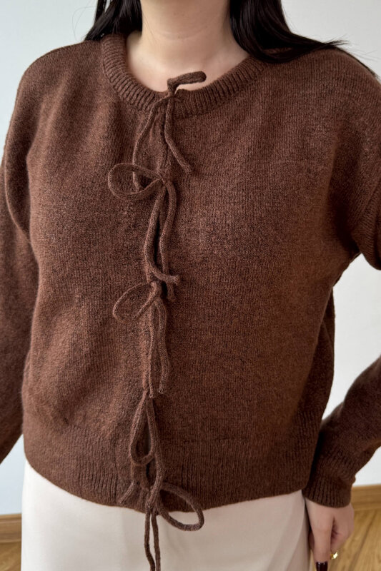 TRK-5318 Kahverengi Önden Bağlamalı Salaş Triko Hırka - 3