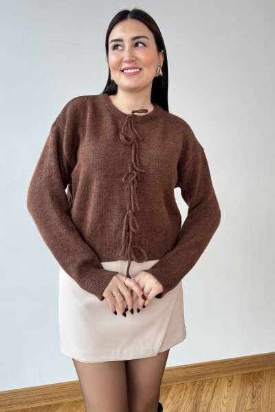 TRK-5318 Kahverengi Önden Bağlamalı Salaş Triko Hırka - 4