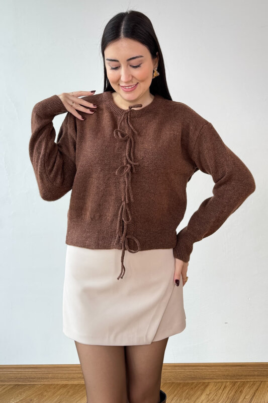 TRK-5318 Kahverengi Önden Bağlamalı Salaş Triko Hırka - 5