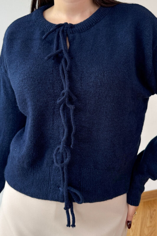 TRK-5318 Lacivert Önden Bağlamalı Salaş Triko Hırka - 4