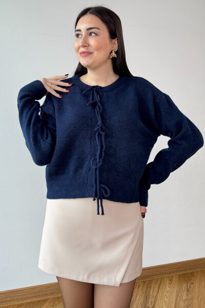 TRK-5318 Lacivert Önden Bağlamalı Salaş Triko Hırka - 2