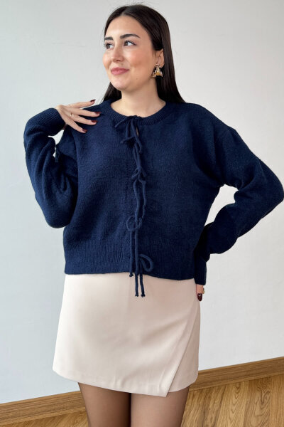TRK-5318 Lacivert Önden Bağlamalı Salaş Triko Hırka - 5
