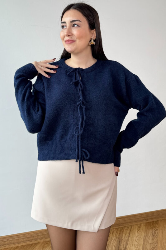TRK-5318 Lacivert Önden Bağlamalı Salaş Triko Hırka - 5