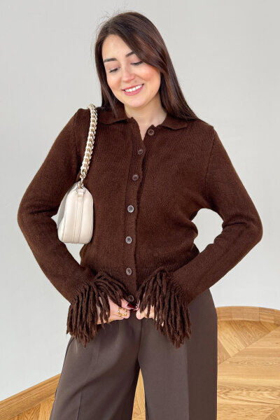 TRK-5322 Acı Kahve Püskül Kollu Polo Yaka Düğmeli Triko Hırka - 5