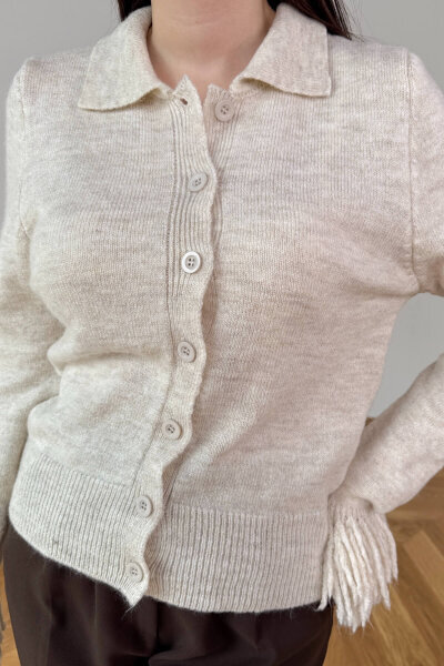 TRK-5322 Bej Püskül Kollu Polo Yaka Düğmeli Triko Hırka - 3