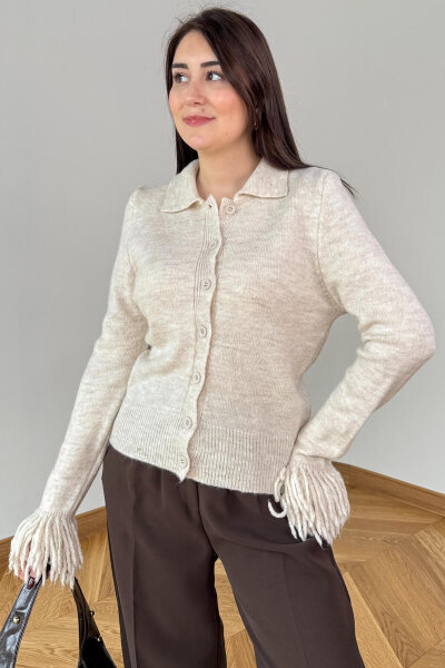 TRK-5322 Bej Püskül Kollu Polo Yaka Düğmeli Triko Hırka - 5