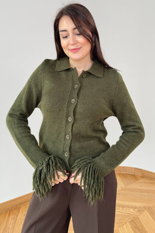 TRK-5322 Haki Püskül Kollu Polo Yaka Düğmeli Triko Hırka - 2