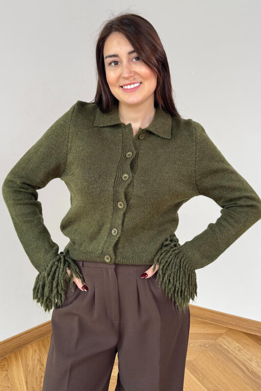 TRK-5322 Haki Püskül Kollu Polo Yaka Düğmeli Triko Hırka - 5