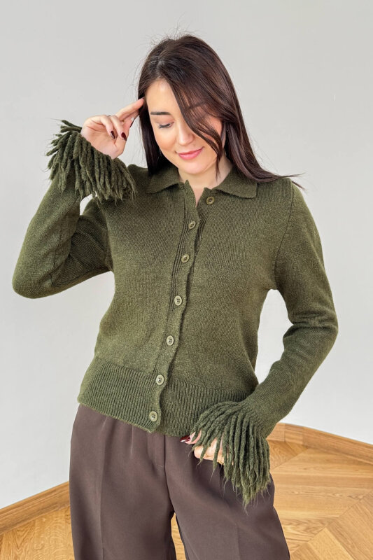 TRK-5322 Haki Püskül Kollu Polo Yaka Düğmeli Triko Hırka - 1