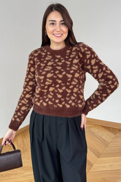 TRK-5324 Kahverengi Doğal Desen Dokulu Sakallı Bisiklet Yaka Triko Kazak - 2