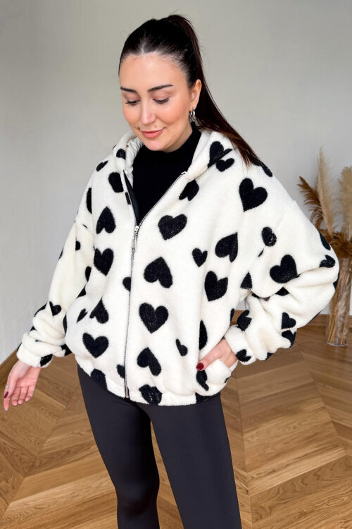 TRK-5325 Ekru Kapüşonlu Kalp Desenli Fermuarlı Polar Hırka - 4