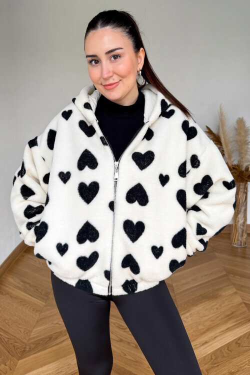 TRK-5325 Ekru Kapüşonlu Kalp Desenli Fermuarlı Polar Hırka