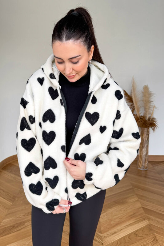 TRK-5325 Ekru Kapüşonlu Kalp Desenli Fermuarlı Polar Hırka - 2