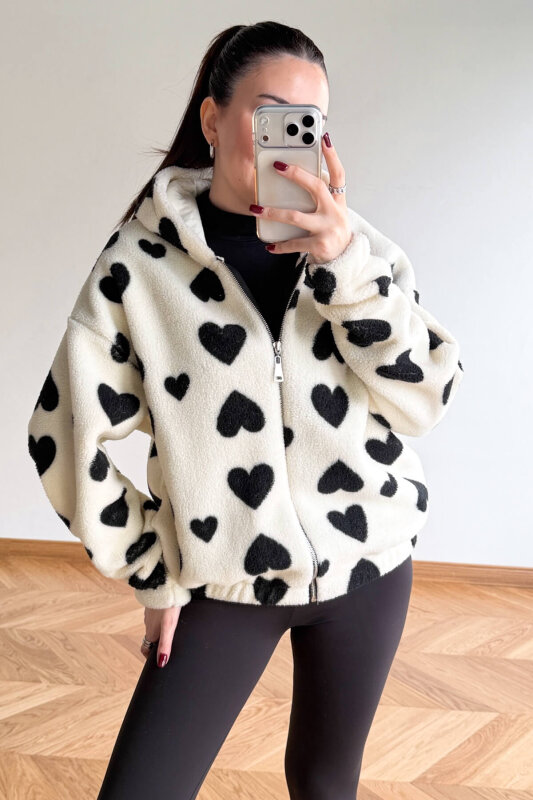 TRK-5325 Ekru Kapüşonlu Kalp Desenli Fermuarlı Polar Hırka - 5