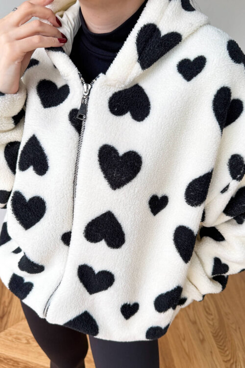TRK-5325 Ekru Kapüşonlu Kalp Desenli Fermuarlı Polar Hırka - 6
