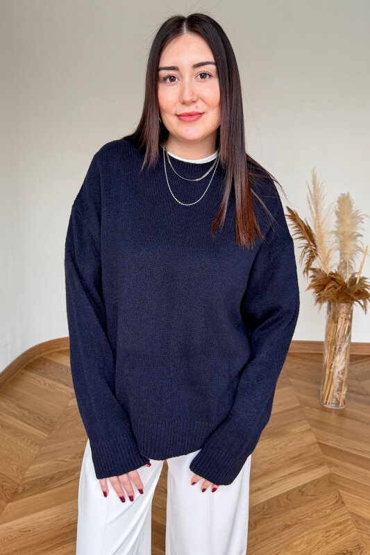 TRK-5326 Lacivert Yumoş Dokulu Oversize Triko Kazak - 3