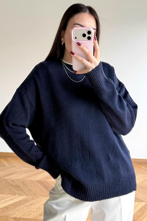 TRK-5326 Lacivert Yumoş Dokulu Oversize Triko Kazak - 5