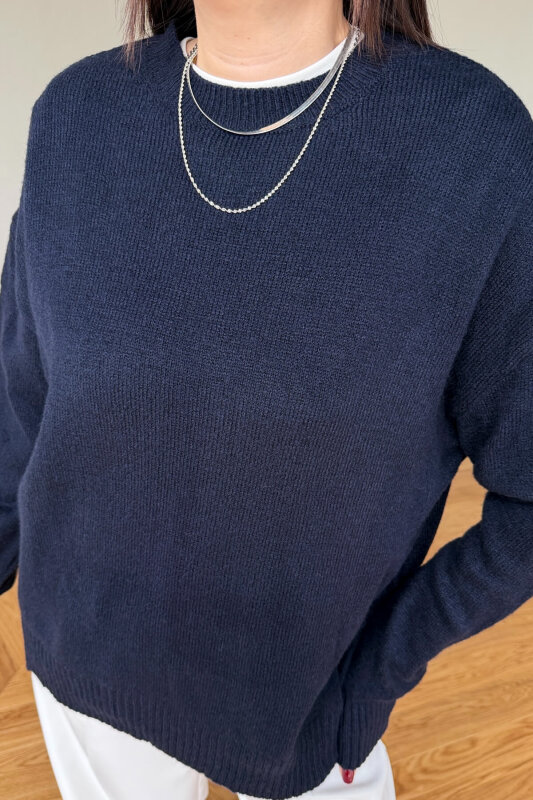 TRK-5326 Lacivert Yumoş Dokulu Oversize Triko Kazak - 6