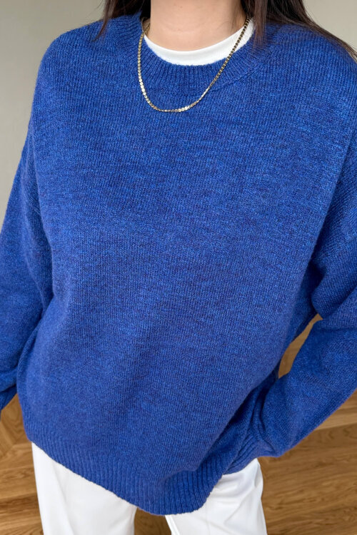 TRK-5326 Naturel Mavi Yumoş Dokulu Oversize Triko Kazak - 5