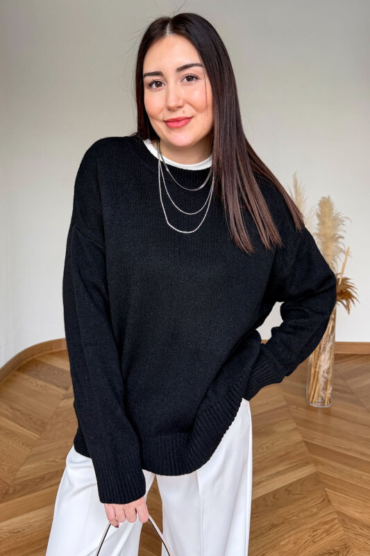 TRK-5326 Siyah Yumoş Dokulu Oversize Triko Kazak - 1