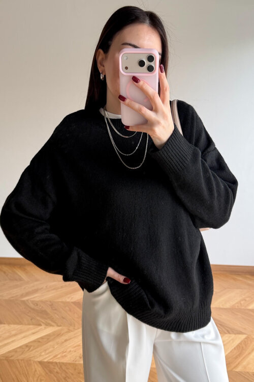 TRK-5326 Siyah Yumoş Dokulu Oversize Triko Kazak - 5