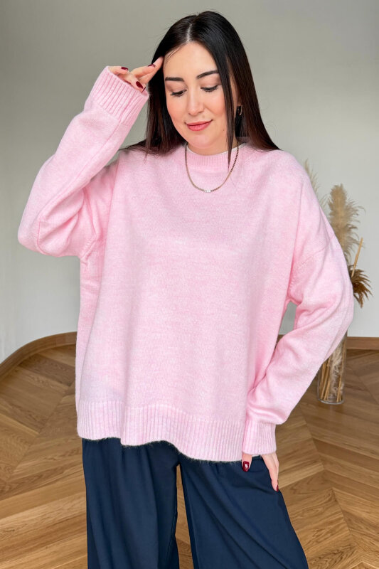 TRK-5326 Toz Pembe Yumoş Dokulu Oversize Triko Kazak - 1