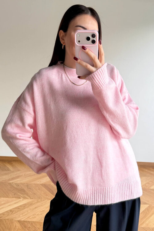 TRK-5326 Toz Pembe Yumoş Dokulu Oversize Triko Kazak - 4