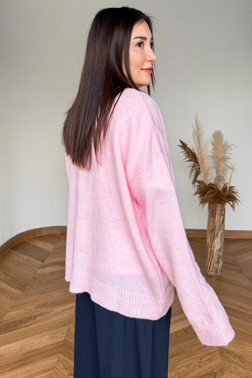 TRK-5326 Toz Pembe Yumoş Dokulu Oversize Triko Kazak - 2